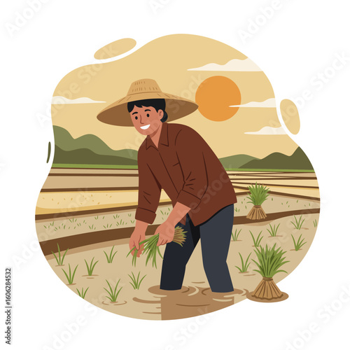 A smiling Asian farmer in a conical hat plants rice seedlings by hand in a flooded paddy field.