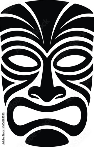 Black and white polynesian tiki mask illustration representing culture and traditional tribal art forms.