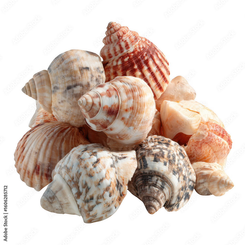 Obraz premium A Pile of Sea Shells on a White Background. on a White and Transparent Background.