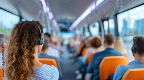 Commute Harmony: A lone individual immersed in a world of sound through headphones, rides with other passengers on a modern city bus, evoking a feeling of daily commuting