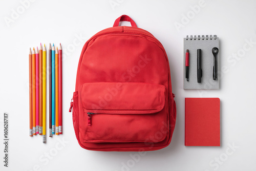 Top view of a red backpack with school supplies on a white background, a flat lay concept for back to school and education.