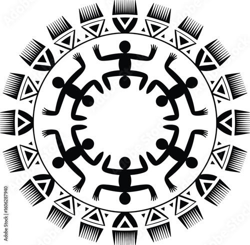Vector illustration of a circular decorative design featuring dancing figures and abstract elements