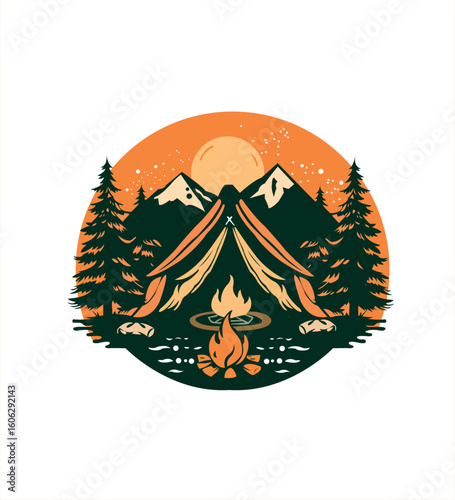 Retro Adventure Logo with Mountains Tent and Bonfire