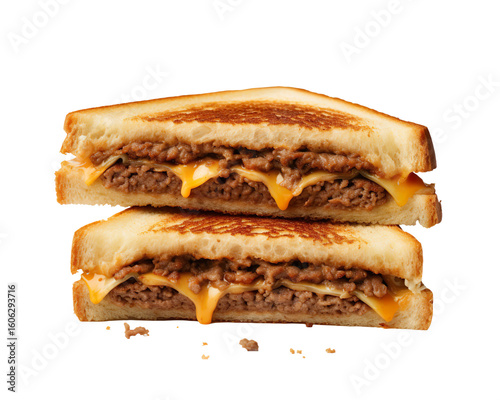 diner-style presentation of a Whataburger patty melt on a white plate with a red gingham napkin. The sandwich is sliced in half to reveal layers of melted cheese, beef, and onions, paired with a side