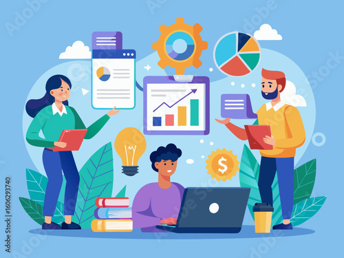 Business teamwork flat vector illustration with people collaborating around charts and laptops.