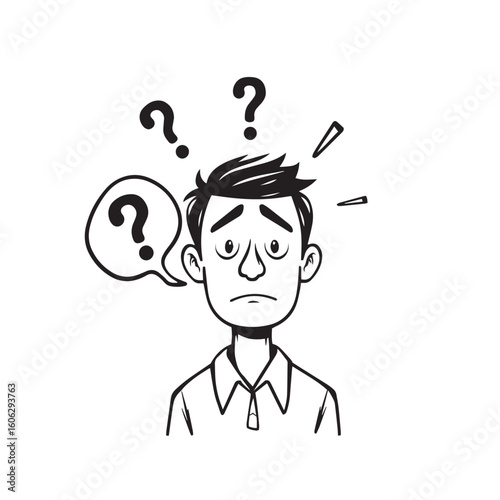 Confused person with question mark vector design concept black and white illustration.