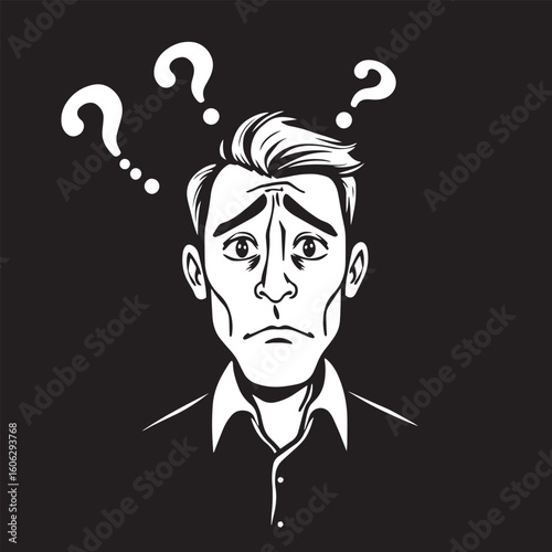 Confused person with question mark vector design concept black and white illustration.