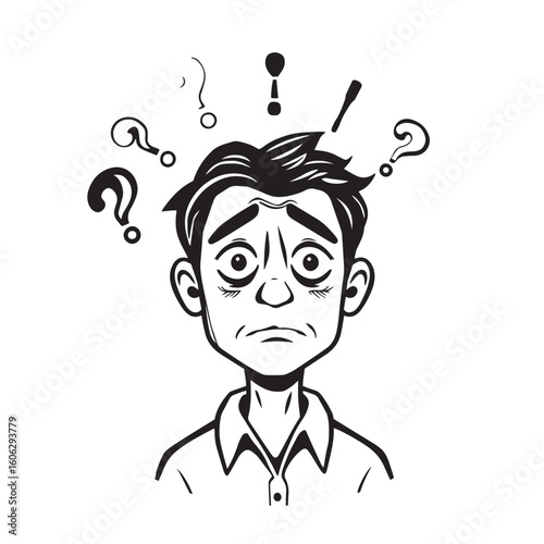 Confused person with question mark vector design concept black and white illustration.