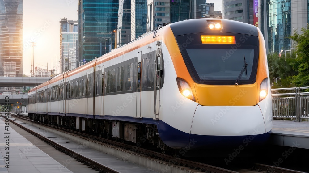 Naklejka premium Urban Express: A sleek, modern passenger train glides smoothly along the tracks in a bustling cityscape, signifying the swiftness and connectivity of urban transport.