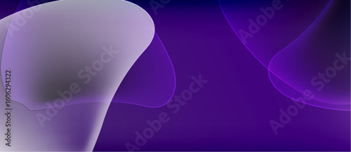 Abstract fluid shapes, purple hues dominate. Soft gradients create depth, modern aesthetic. Minimalist design, calming visual experience.