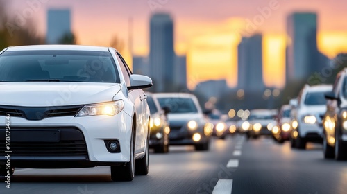 Urban Drive: A motorcade of cars traverse a multi-lane road at dusk, with blurred city skyline.