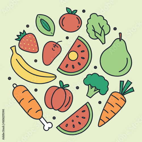 Fresh fruits and vegetables arranged in a circular pattern provide healthy food icons