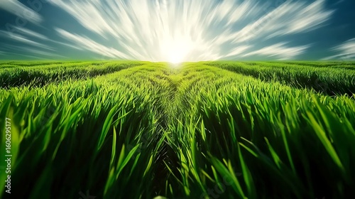 Lush Green Field Under a Radiant Sky: A Vibrant Depiction of Nature's Beauty