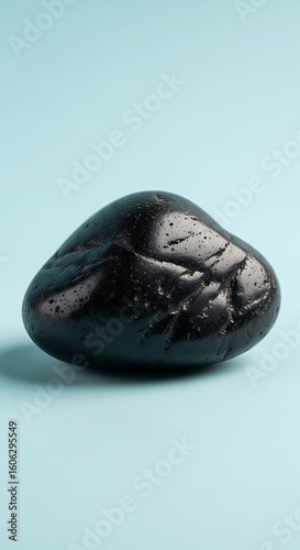 Smooth black stone on light blue background showcasing texture and minimalism