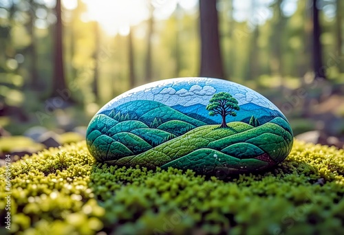 painted stone showing scenic landscape with green hills, tree and sky placed on moss in a forest setting