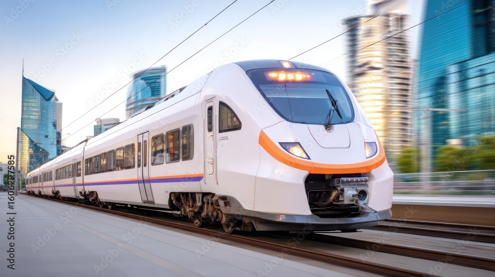Naklejka premium Modern Train on City Rail: A sleek, modern train speeds through a bustling cityscape, showcasing efficient transport amidst urban architecture. A symbol of rapid transit.