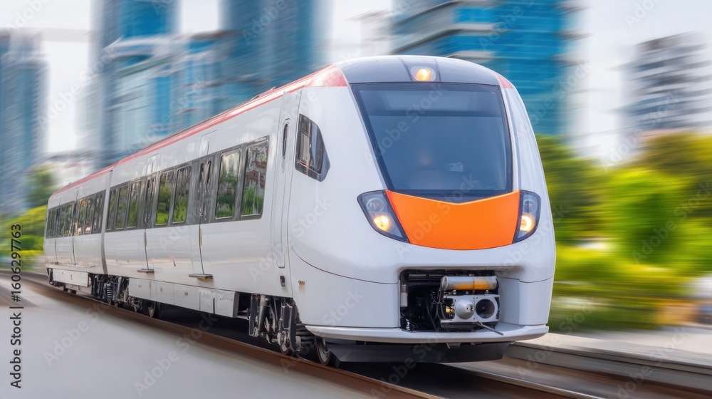 Naklejka premium Speeding Commuter Train: A high-speed commuter train streaks along tracks in a blurred motion, symbolizing modern transport, speed, and efficiency.