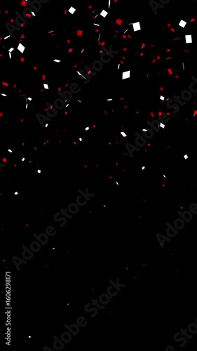 Falling explotion shiny red and white confetti isolated on transparent video black vertical background. Bright festive tinsel of black color.