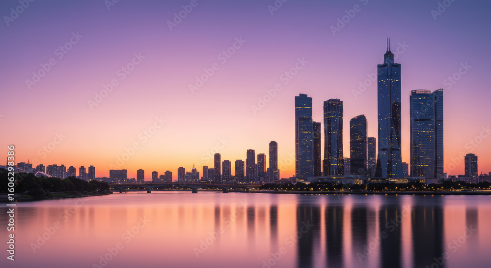 Obraz premium Skyline urbano ao entardecer com reflexo no rio