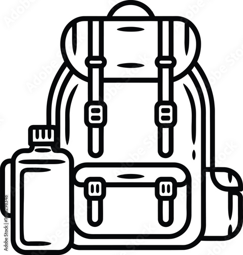 Backpack and water bottle camping gear line art vector illustration