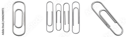 Set Standard silver paper clip in realistic metal texture, isolated on transparent background PNG