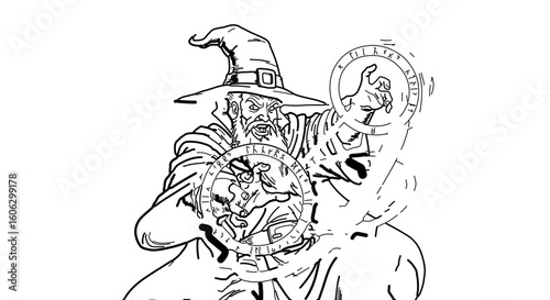 Wizard casting spell fantasy character drawing sorcerer magic runes illustration vector art design