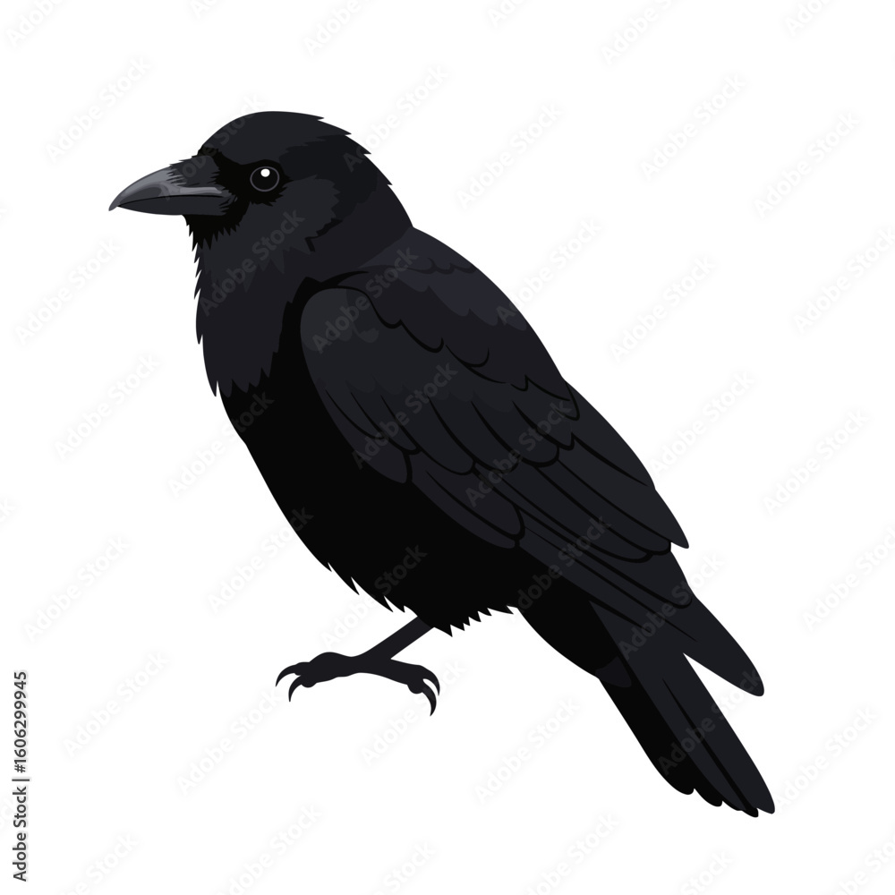 Obraz premium Detailed Illustration of a Sleek, Perched Raven with Dark Feathers