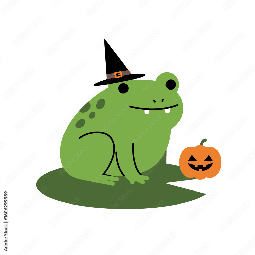 Fototapeta premium Halloween Frog Wearing Witch Hat Beside Smiling Carved Pumpkin