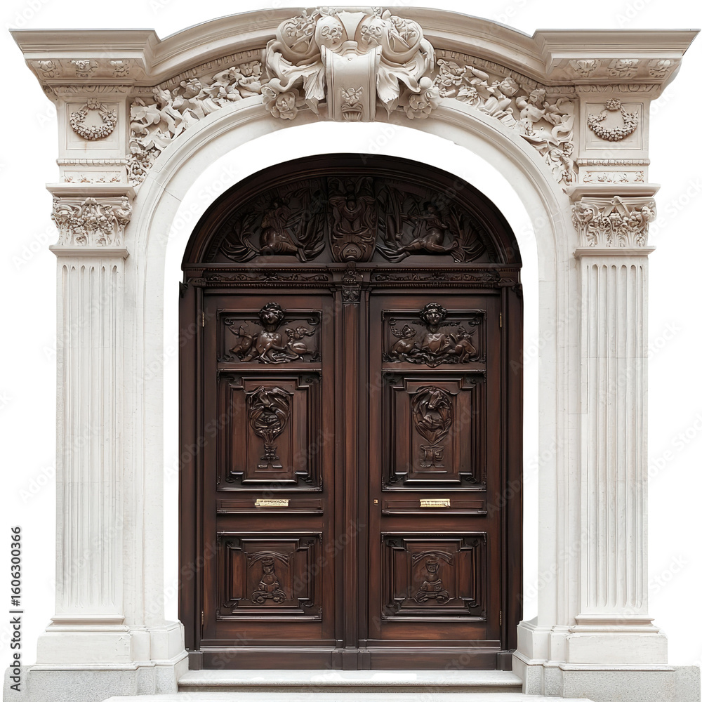 Elegant carved wooden door with intricate architrave and detailed sculptures in classic architectural style Elegant carved wooden door with intricate architrave and detailed sculptures in classic architectural style