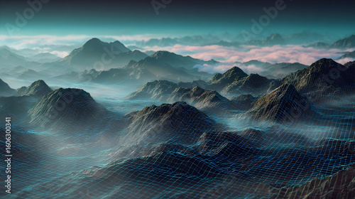 Digital landscape rendering with mountain silhouettes and a wireframe surface in shades of blue and teal for conceptual designs showing technology advancement and futuristic