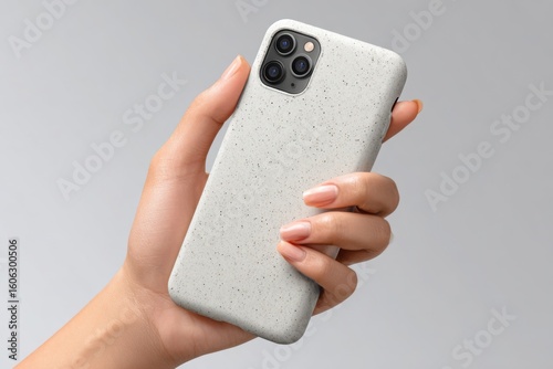Wallpaper Mural Hand holding a white speckled phone case with a modern smartphone against a neutral background Torontodigital.ca
