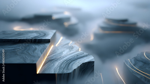 Abstract landscape of floating marble platforms with subtle golden light accents a serene and dreamy composition evokes a sense of ethereal beauty and tranquility perfect for