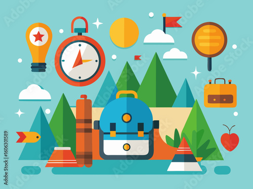 Vector icon pack of travel and adventure elements including backpack, compass, map, tent, and airplane.