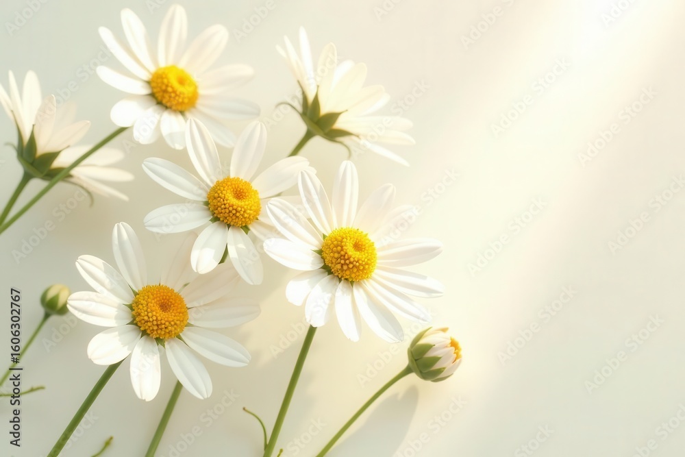 Fototapeta premium A cluster of pristine white daisies basking in soft sunlight, their delicate petals unfurling in gentle breeze, exuding purity and serenity.
