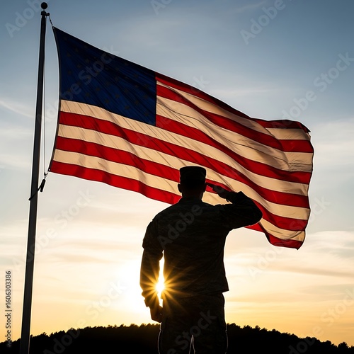 Silhouette of soldier saluting the flag at sunset.