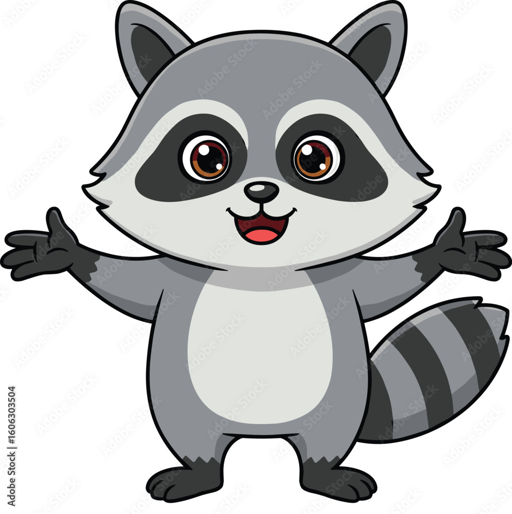 Naklejka premium Cute cartoon raccoon character standing with open arms, smiling friendly forest animal illustration for kids, education, books, or mascot design