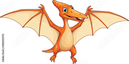 Cute cartoon pterodactyl with wings wide open, happy flying dinosaur illustration, orange prehistoric reptile vector for kids and education