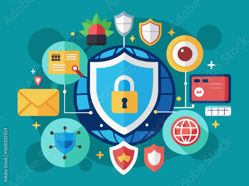Flat vector illustration of cybersecurity with shield, lock, network, firewall, and hacker elements.