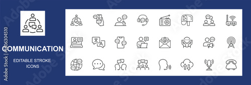 Communication icons set. Containing speak, phone, mail, contact, chat, website, satellite, radio, antenna, message and more. Solid icons collection, Editable stroke. Vector illustration