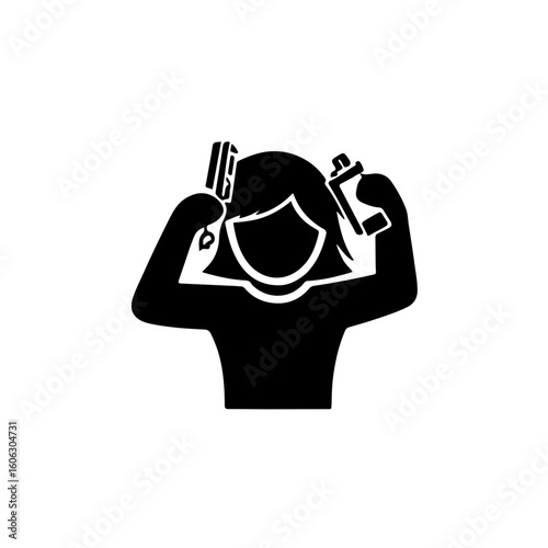 Black and White Hair Styling & Care Icons - Person Using Products. Elevate your projects with this dynamic collection of black and white icons illustrating a person engaged in hair styling 