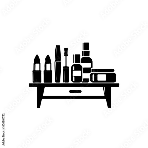 Black and White Beauty Product Icons - Organized Vanity Setup. Enhance your projects with this elegant collection of black and white icons showcasing beauty products neatly arranged on a vanity table