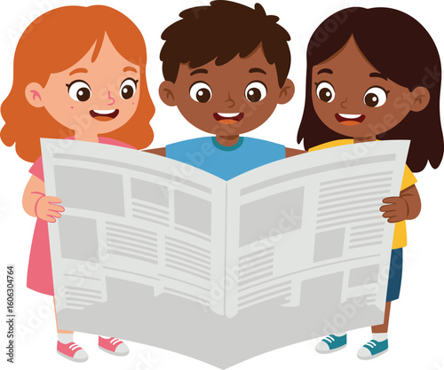 Diverse cartoon children happily reading a large newspaper together, educational teamwork illustration for school, literacy, learning, media, communication projects