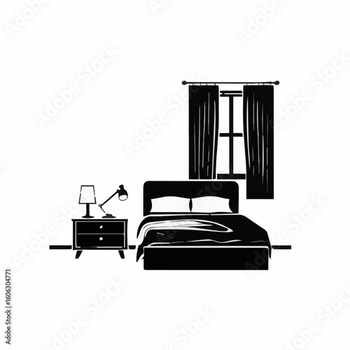 Minimalist Serene Bedroom Icons Set - Black and White. Discover tranquility with this elegant collection of black and white icons representing a minimalist bedroom setup