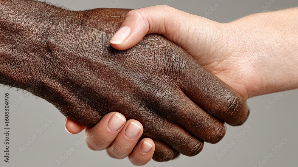 Fototapeta premium Close-up of male and female hands shaking, symbolizing equality and cooperation, neutral background, high-resolution photo-realistic image