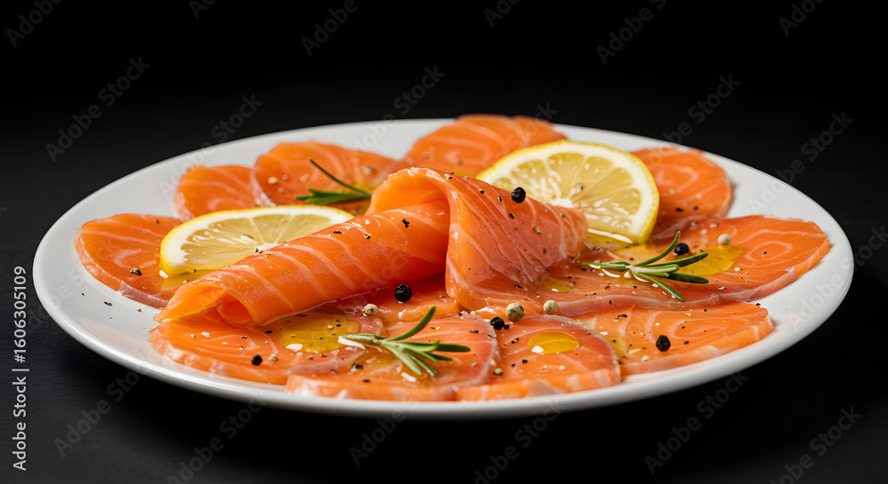 Salmon Carpaccio with Olive Oil, Pepper, Lemon, and Rosemary, set on a dark background. Salmon Carpaccio with Olive Oil, Pepper, Lemon, and Rosemary, set on a dark background.