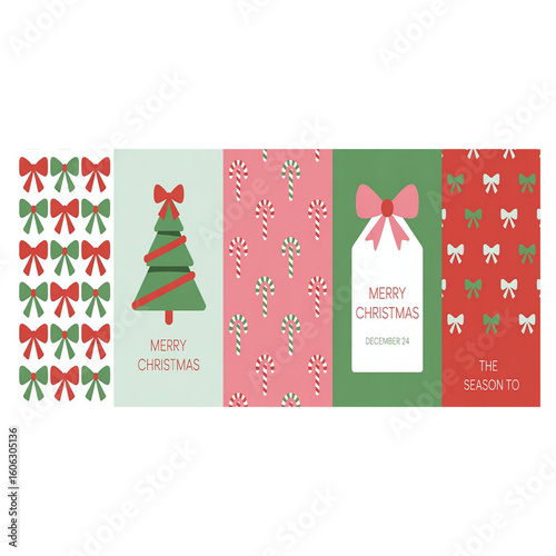 Christmas Theme Illustrations: Festive Bows, Tree, Candy Canes, and Gift Tags