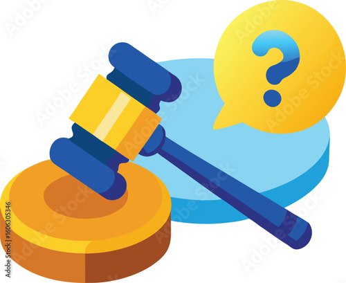 Isometric gavel and question mark for legal advice