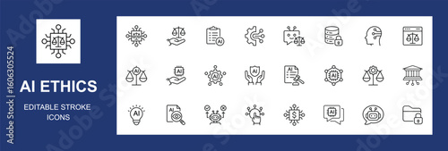 AI ethics icon set. Containing data privacy, guidelines, artificial intelligence, ethical dilemma, bias detection, fairness, explainable AI, transparency and more. Editable stroke. Vector illustration
