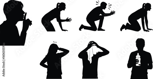 Vector art of silhouettes of people expressing various emotions and actions, including silence, fear, desperation, and exhaustion,