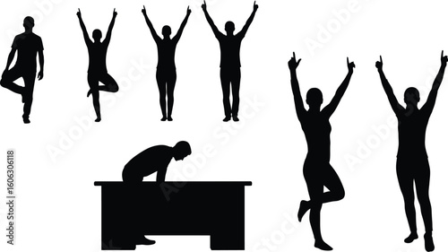 Vector art of silhouettes of people practicing yoga and stretching exercises, promoting fitness, health, and wellness,
